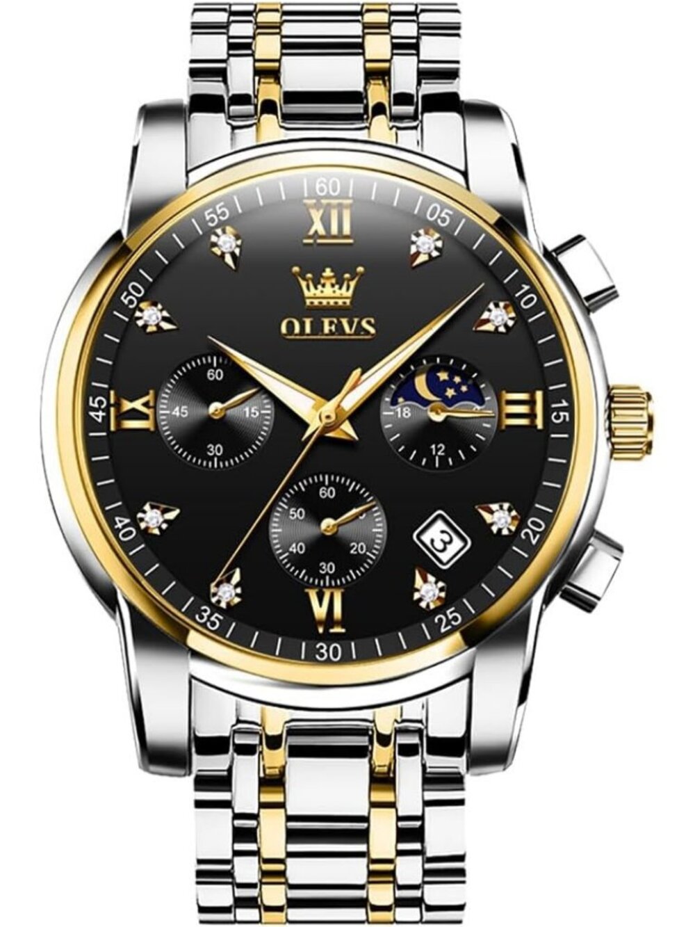 OLEVS Men's Silver Gold Black Watch Stainless Steel Luminous Waterproof Watch